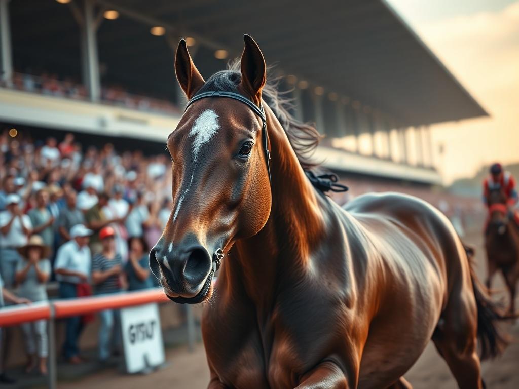 A hyper-realistic close-up shot of a racing horse galloping at full speed, with a blurred background of a vibrant racetrack filled with cheering spectators. The horse should be muscular and powerful, showcasing its strength and grace. Capture the intense focus and determination in the horse's eyes. The overall color tone should harmonize with the primary color rgb(193, 153, 87), creating a striking visual that embodies the excitement of horse racing.
