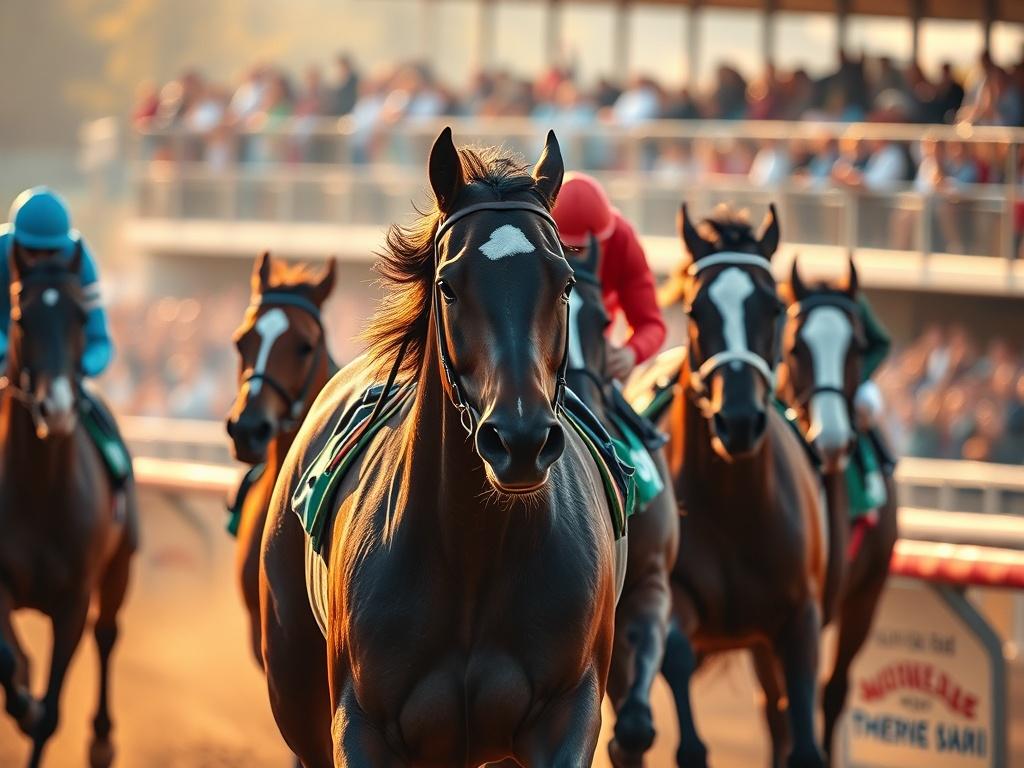 A close-up shot of a horse racing scene captured in vibrant detail, showcasing horses in action during a race. The background should be blurred to emphasize the intensity of the race, with spectators in the stands cheering. The image should be rendered in hyper-realistic quality, using a 45mm f/1.2 lens style, with warm tones that complement the rgb(193, 153, 87) primary color.