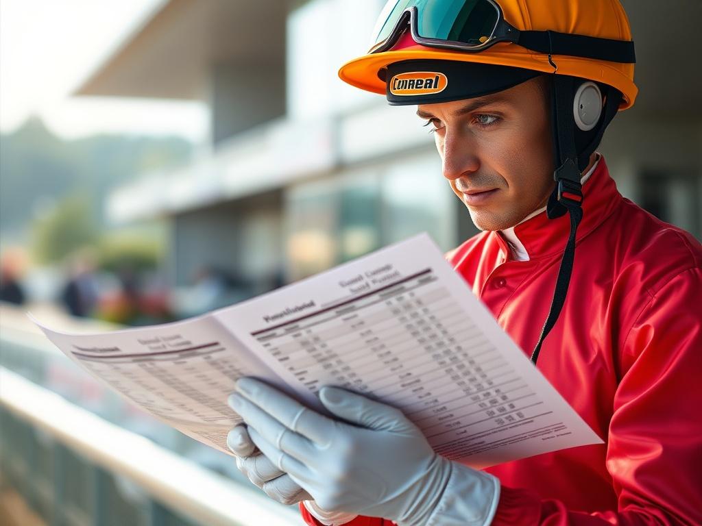 **AI Image Generation Prompt:**

Create a highly detailed, hyper-realistic close-up shot of a single horse racing jockey in full racing attire, confidently studying racing forms with a focused expression. The jockey should be wearing a bright, vivid racing silks, complete with a helmet, gloves, and boots. The background should be softly blurred to emphasize the subject and convey a sense of urgency and determination, suggesting a busy racing day atmosphere without being distracting. Use natural lighting to 