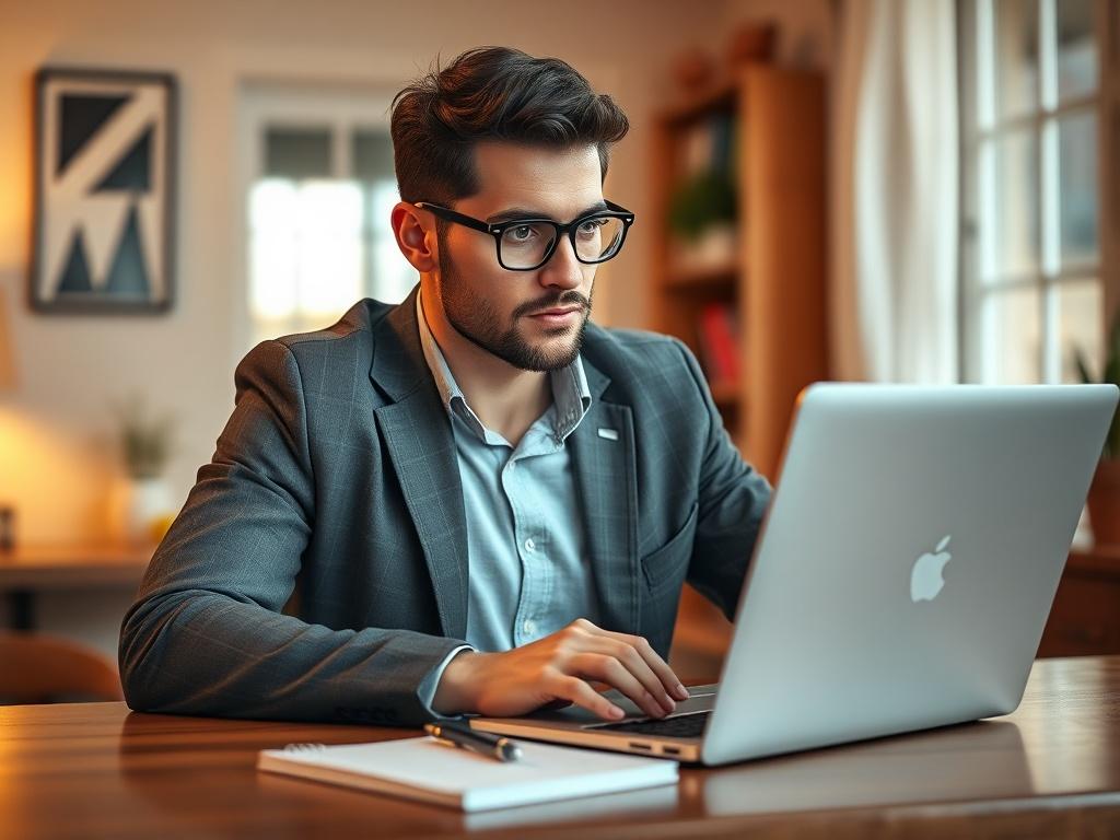 A hyper-realistic close-up shot of a confident man in a smart casual outfit, sitting at a wooden desk with a laptop open in front of him. He is focused on the screen, with a notepad and a pen beside him. The background is softly blurred, showcasing a cozy home office environment with warm lighting. The color scheme includes accents of rgb(193, 153, 87) to reflect the brand's identity.