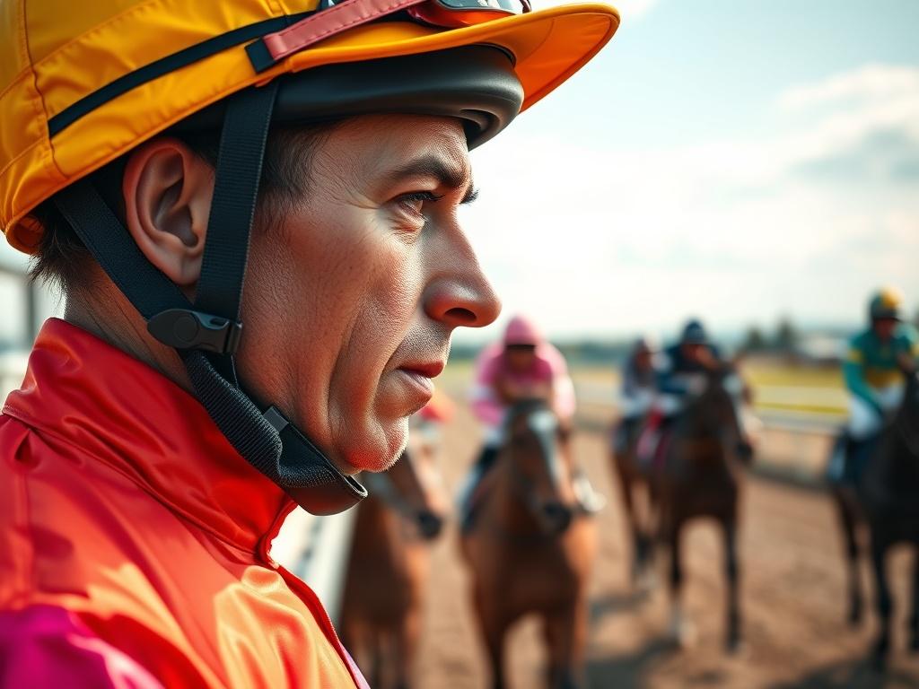 A close-up shot of a vibrant horse racing scene, focusing on a jockey preparing for a race. The background should be blurred to emphasize the jockey in bright colors, with a racetrack visible in the distance. The image should capture the excitement and anticipation of horse racing, rendered in hyper-realistic detail with natural lighting.