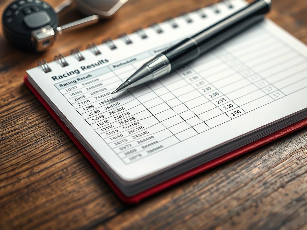 A close up shot of a notepad with racing results