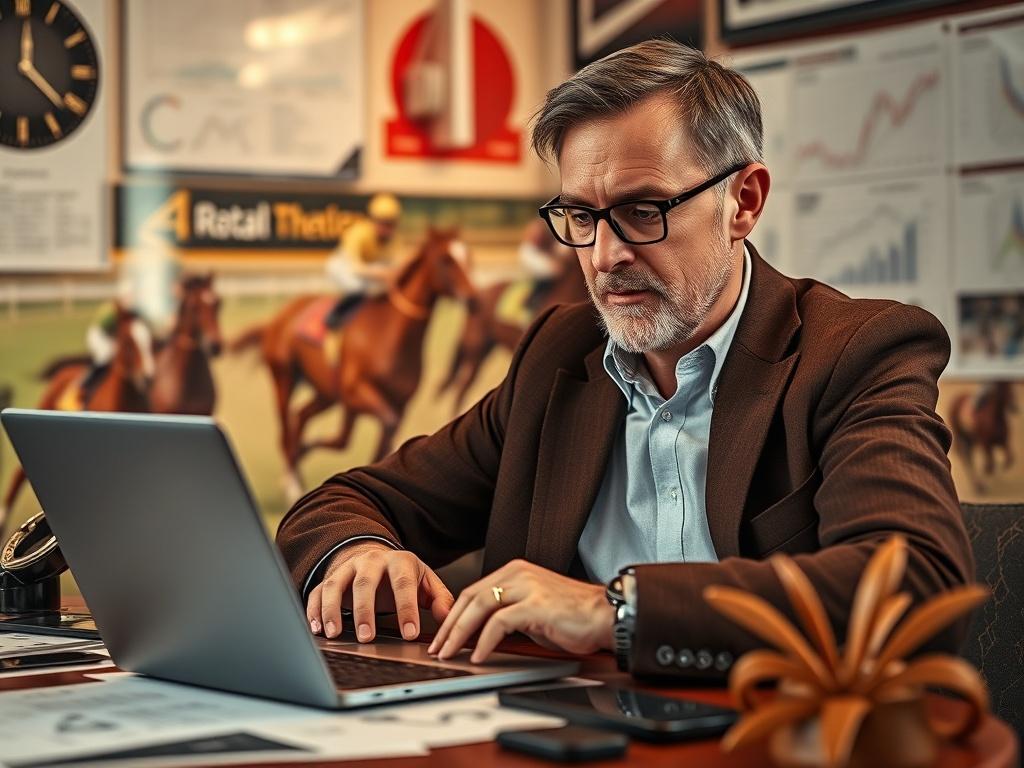 A high-resolution close-up shot of a confident horse racing tipster analyzing race data on a laptop, surrounded by racing memorabilia and charts. The focus is sharp on the tipster with a blurred background of horse racing action, conveying a sense of expertise and excitement. The colors should complement the primary color rgb(193, 153, 87), creating a warm and inviting atmosphere.