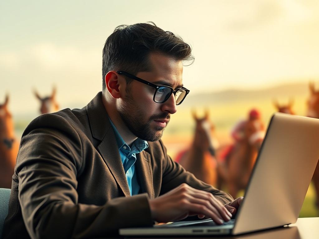 A close-up shot of a confident horse racing tipster reviewing race data on a laptop. The background features a subtle blur of horse racing imagery, capturing the essence of the sport. The lighting is warm and inviting, highlighting the tipster's focused expression and the laptop screen, which displays race statistics. The image should evoke a sense of professionalism and expertise, with a color palette that complements the rgb(214, 168, 91) primary color.