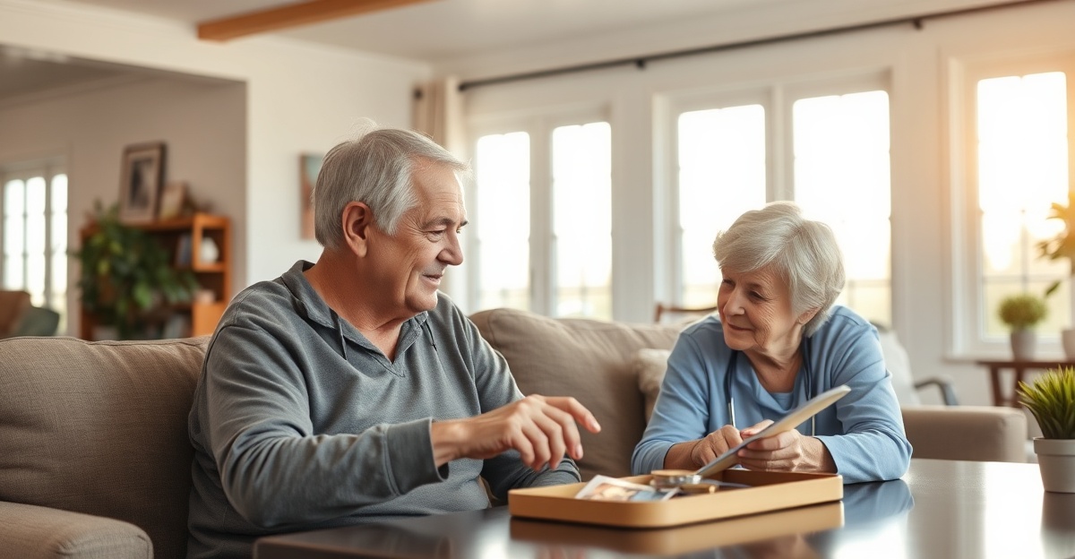 Older adult and caregiver in bright living room sharing connection