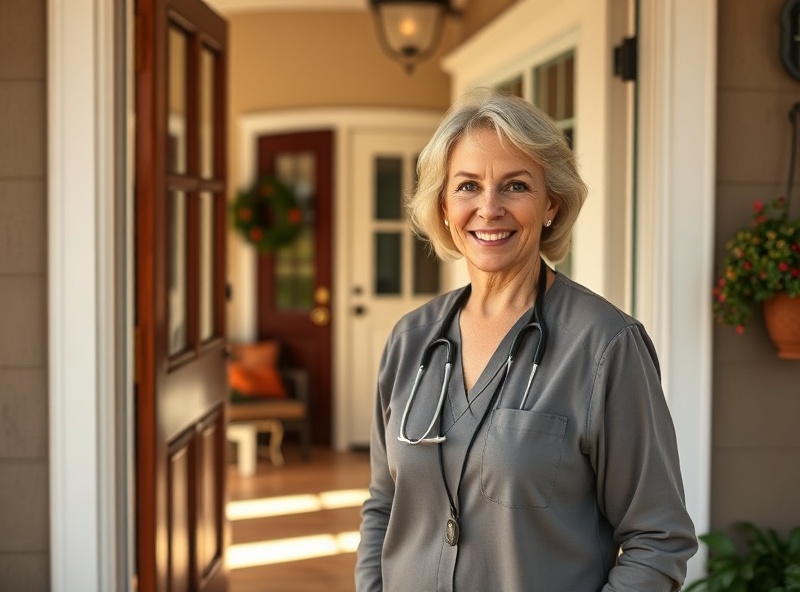 Professional caregiver at home entrance