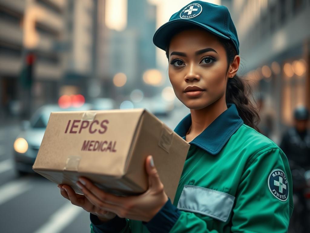 A close up shot of a professional medical courier in