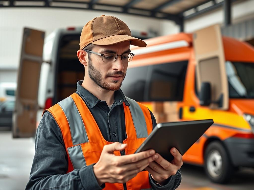 A close up shot of a courier checking a delivery