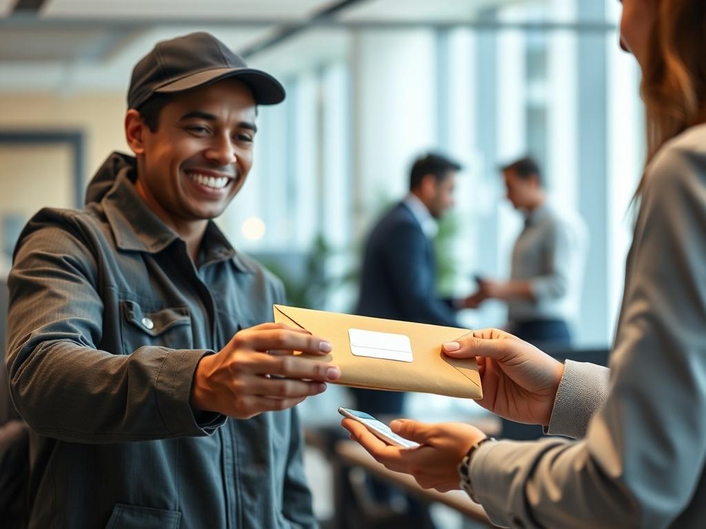 A close up of a smiling delivery professional handing over