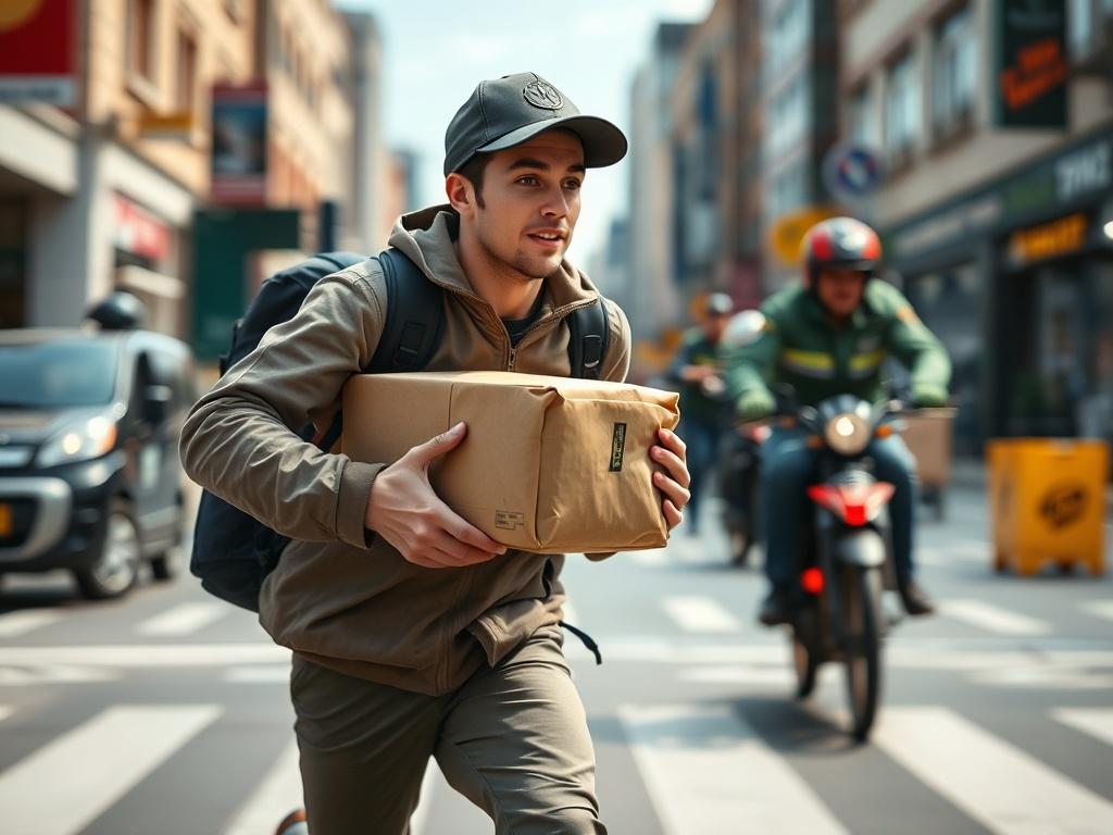 A close up shot of a courier rushing with a