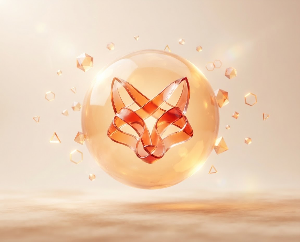 A glowing amber glass fox emblem
