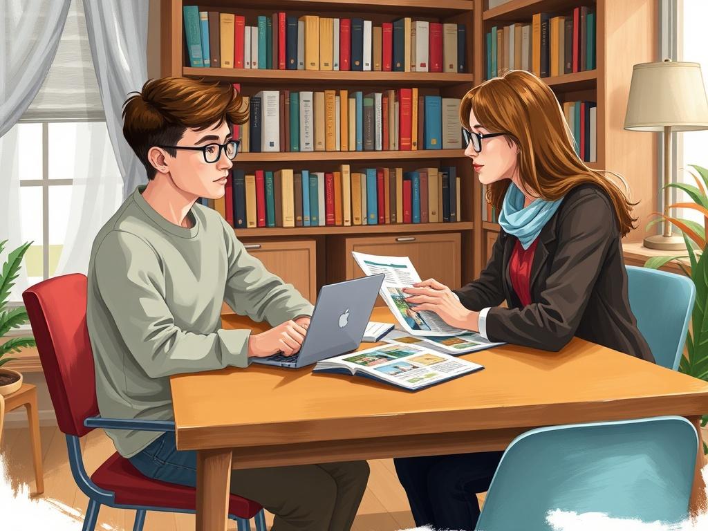 Create a high-quality illustration of a focused student sitting at a desk, engaged in a one-on-one coaching session with a mentor. The mentor is providing guidance with a laptop and college brochures spread on the table. The background should be a cozy study room with bookshelves filled with books and a warm color palette. The overall composition should convey a sense of personalized attention and academic ambition.