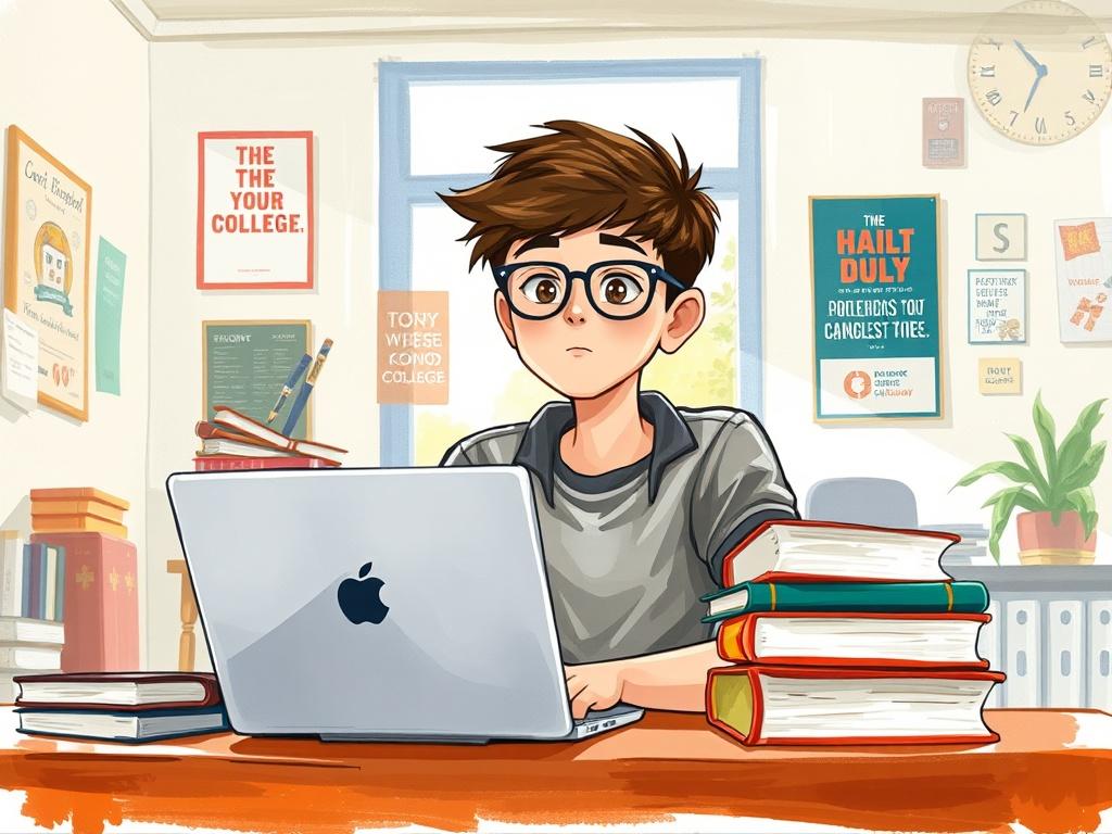 A high school student sitting at a desk, surrounded by books and a laptop, with a focused expression. The background features a bright, sunny room with motivational posters on the walls. The scene emphasizes an atmosphere of study and preparation for college.