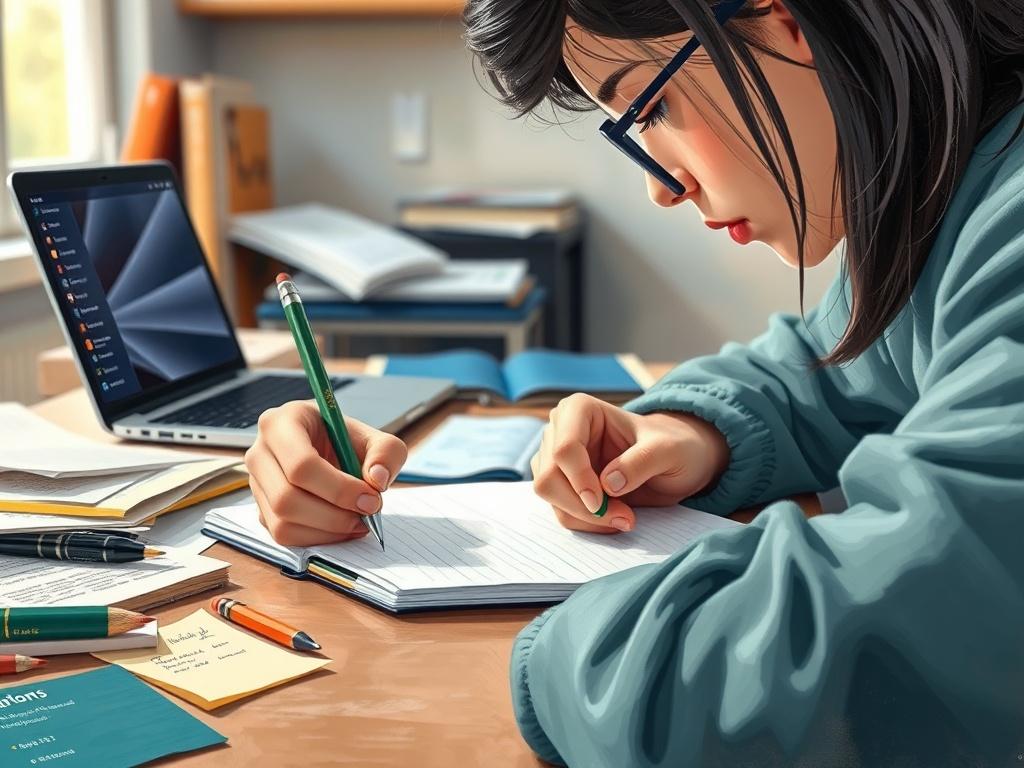 A close-up of a student writing on a notepad, with a thoughtful expression. The desk is cluttered with papers and a laptop, symbolizing the creative process. The background is soft-focused, featuring a cozy study space.