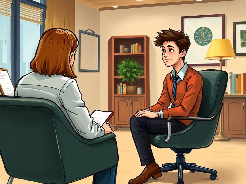 A student sitting in a chair across from a mock interviewer, engaged in a conversation. The setting is a professional-looking office with a warm ambiance. The focus is on the student's confident demeanor and attentive posture.