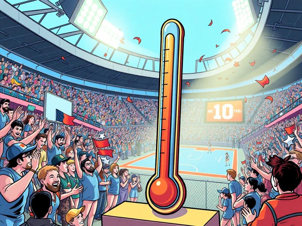 An engaging illustration of a donation thermometer, prominently displayed to show progress towards fundraising goals. The thermometer should be vibrant and filled with donations, set against a backdrop of cheering fans and a bustling sports event. The artwork should be in a vivid comic drawing style, using bright colors to create an energetic atmosphere that reflects the excitement of community support and participation.