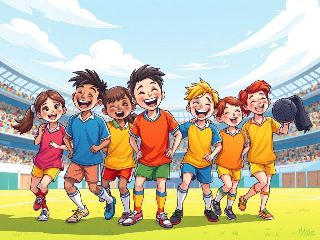 A dynamic and colorful illustration of a group of young athletes in vibrant uniforms, smiling and celebrating together on a sports field. The background should depict a lively game atmosphere, with cheering fans and a bright blue sky. The artwork should be rendered in a stylized comic drawing style, utilizing vivid colors that complement the primary color rgb(69, 10, 186). The composition should be simple and engaging, focusing on the joy of teamwork and sportsmanship.