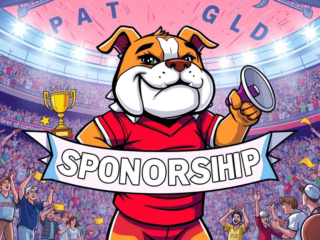 A dynamic and vividly colored comic-style illustration depicting a friendly mascot of a bulldog wearing a sports jersey, surrounded by a banner showcasing different sponsorship tiers like Bronze, Silver, Gold, and Platinum. Each tier should have distinct features illustrated, such as a trophy for Gold and a megaphone for Platinum, set against a vibrant stadium background filled with cheering fans.
