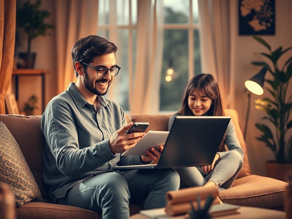 A friendly tutor sitting with a laptop and a notebook,