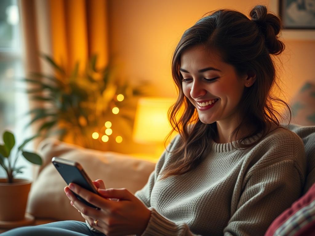 A cozy setting with a person using a smartphone, smiling