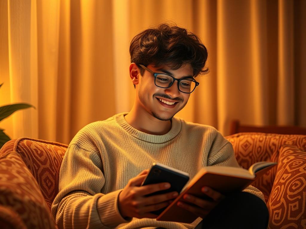 A cheerful adult practicing English with a notebook and smartphone,