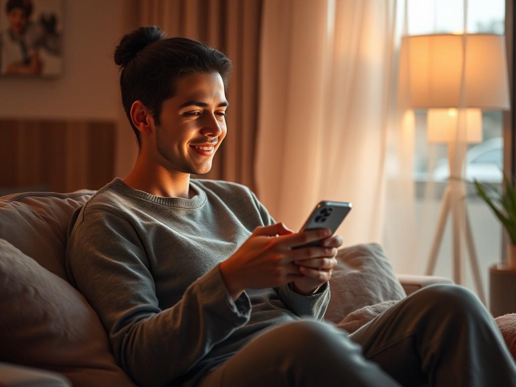 A cozy and inviting scene of a person comfortably messaging