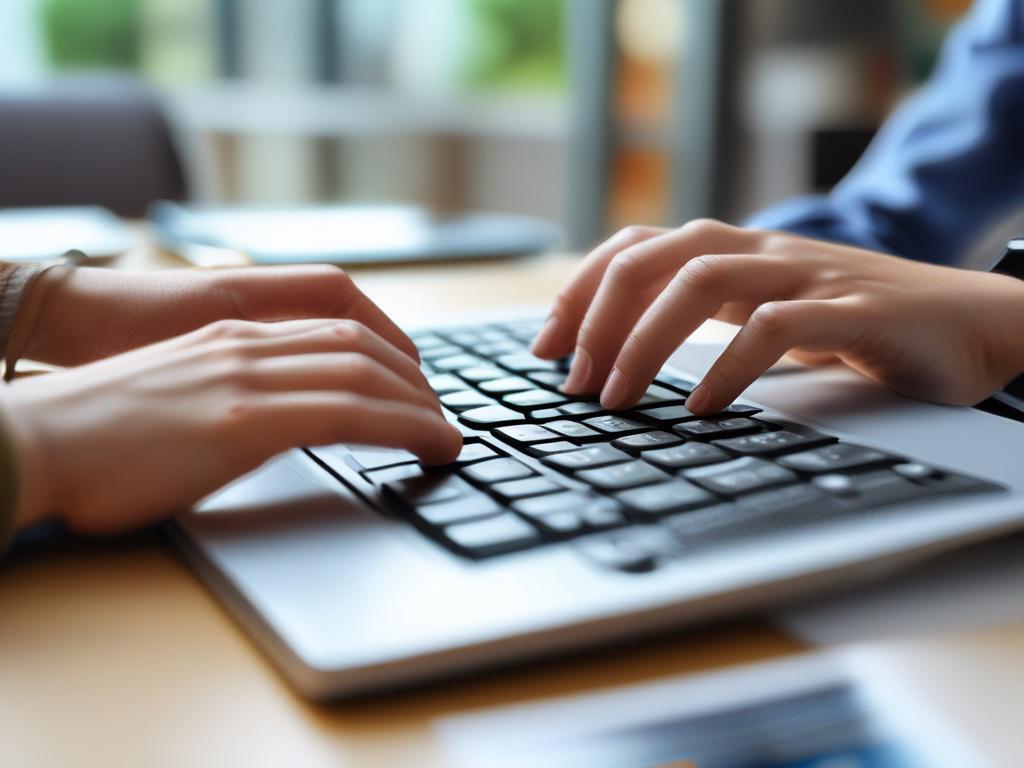 A close up shot of a professional's hands typing on