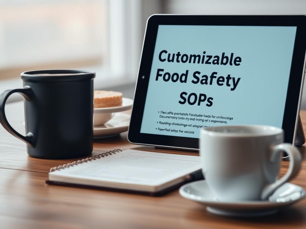 A close-up image of a digital device displaying Customizable Food Safety SOPs on the screen, with a notepad and coffee cup in the foreground. The setting conveys a professional workspace, emphasizing clarity and organization in food safety documentation.
