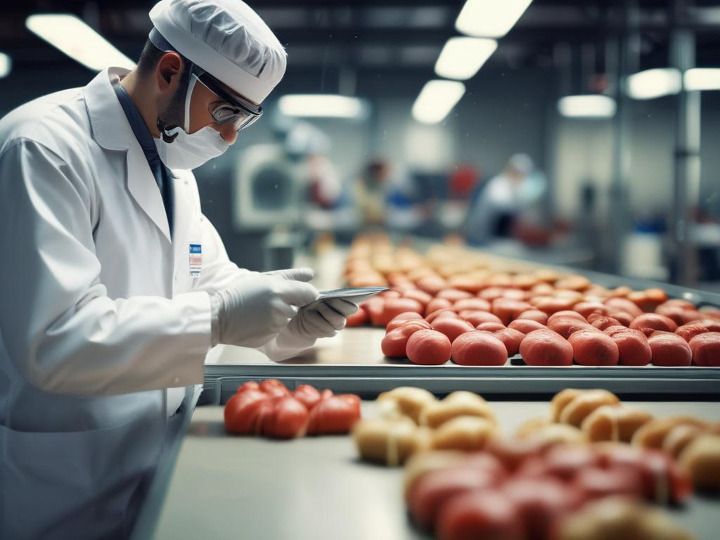 A hyper-realistic close-up shot of a food safety inspector in a clean, professional food production environment. The inspector is wearing gloves and carefully reviewing a digital tablet showing process validation data. The background is softly blurred with hints of stainless steel equipment and a green color accent matching rgb(50, 170, 39). The photo is shot with a 45mm f/1.2 lens style, emphasizing clarity and detail on the inspector and tablet.