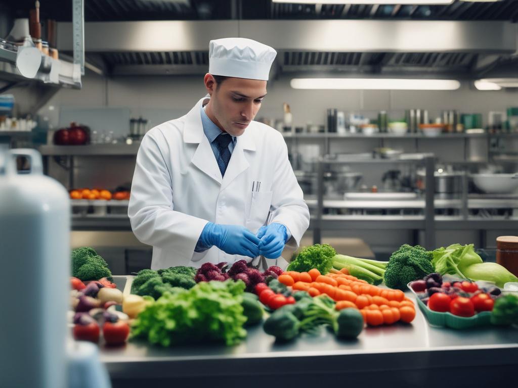 A close-up, hyper-realistic photo of a food safety professional wearing a clean white lab coat and blue gloves, carefully inspecting fresh vegetables in a commercial kitchen environment. The background is softly blurred to emphasize the subject, shot with a 45mm f/1.2 lens style, featuring vibrant colors with a subtle overlay of rgb(50, 170, 39) to reflect the primary color of the brand.