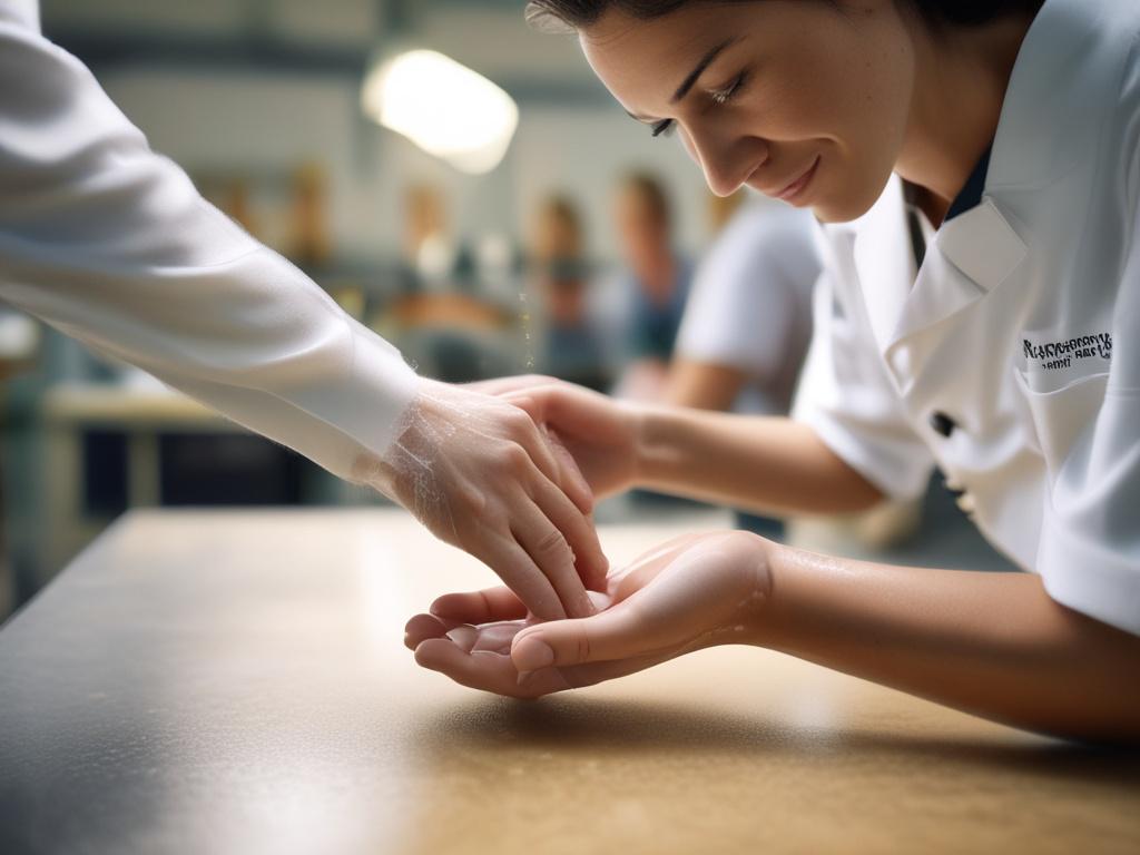 A hyper-realistic close-up photo of a food safety trainer demonstrating proper handwashing technique to a food handler. The focus is sharp on the hands and soap lather, shot with a 45mm f/1.2 lens style. The background is softly blurred to emphasize the subject. The scene uses natural lighting with a clean, professional kitchen environment in the background, incorporating the rgb(50, 170, 39) primary color subtly in the trainer's uniform or surroundings.