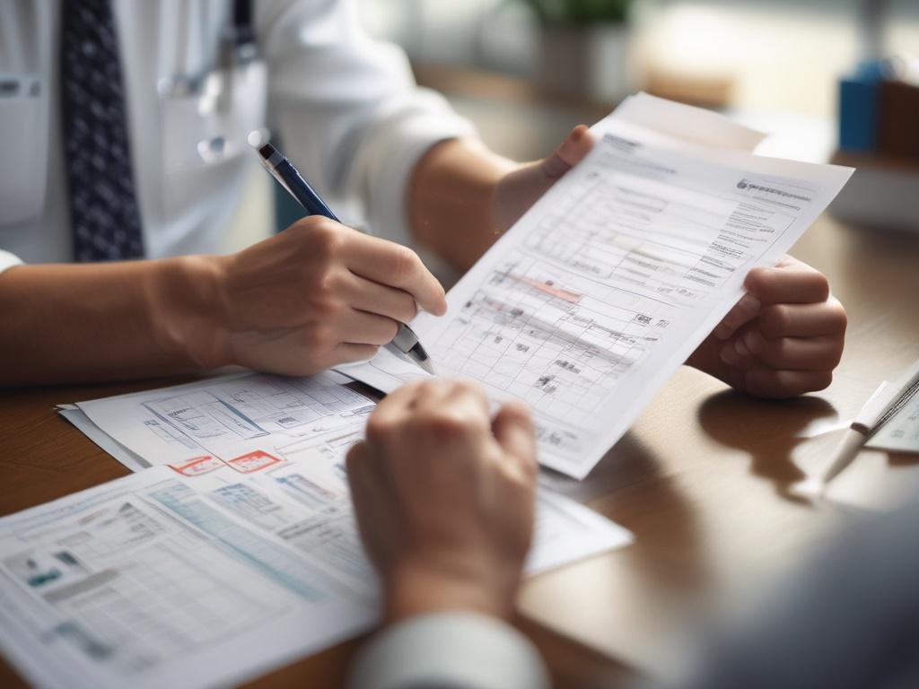 A close-up shot of a professional consultant reviewing a detailed food safety plan document with charts and notes, shot with a 45mm f/1.2 lens, hyper-realistic, bright office background with a hint of green (rgb(50, 170, 39)) accent.