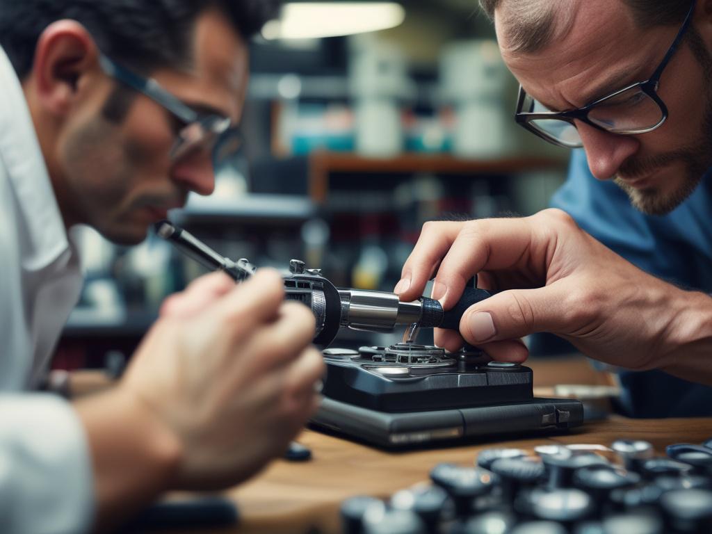 A hyper-realistic close-up shot of a skilled technician calibrating a precision instrument. The focus is sharp on the technician's hands adjusting a high-precision tool with delicate instruments nearby. The background is softly blurred featuring a clean, modern laboratory setting with subtle hints of the rgb(50, 170, 39) primary color, creating a professional and trustworthy atmosphere. Shot with a 45mm f/1.2 lens style for a detailed and intimate view.