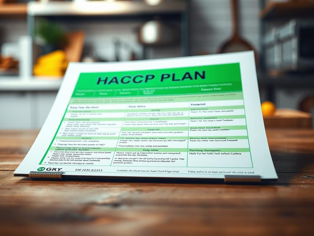 A hyper-realistic close-up shot of a HACCP Plan document on a wooden table. The document features clear headings and bullet points, showcasing its organized structure. The background is softly blurred, with subtle hints of a kitchen environment, emphasizing its relevance in food safety. The colors are vibrant, with an emphasis on the green theme that reflects the importance of safety and cleanliness in food handling.