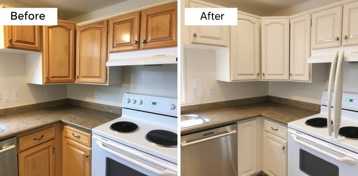 Before and after deep cleaning of kitchen showing dramatic transformation