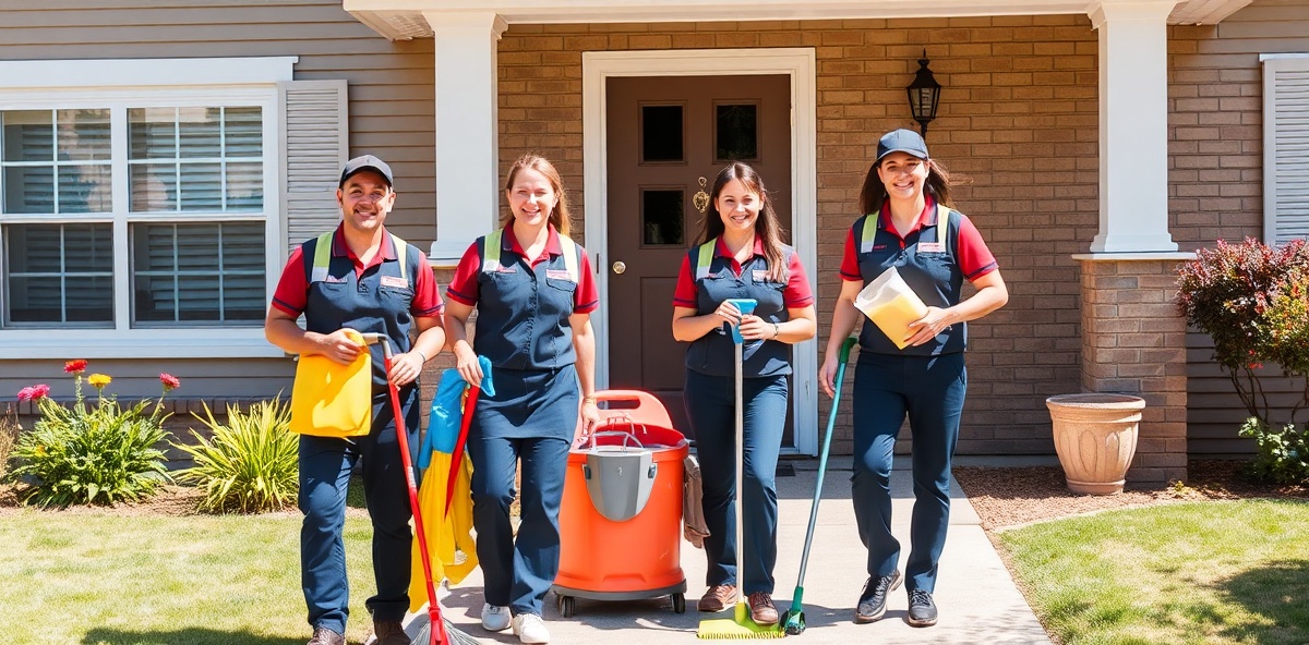 Professional cleaning service team arriving at residential home with equipment