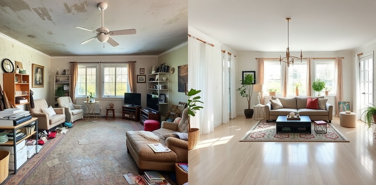 Dramatic before and after transformation of living room after deep cleaning