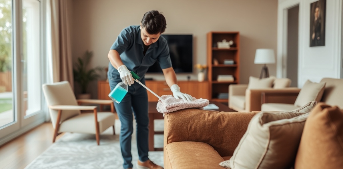 Professional cleaner using microfiber cloth on wooden furniture in elegant living room
