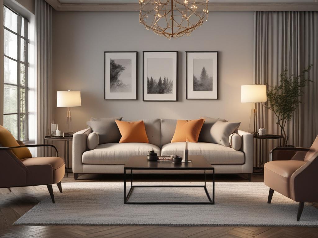 A serene living room setting with an elegant escort sitting