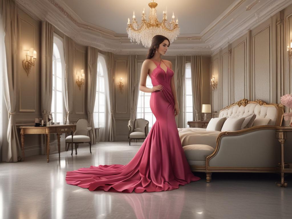 A luxurious setting featuring an elegant escort dressed in a