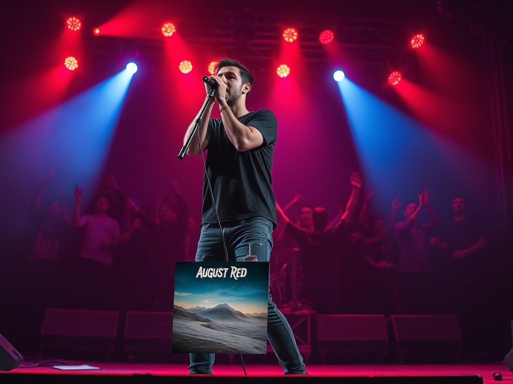 **AI Image Generation Prompt:**

Create a realistic high-resolution photo that captures the essence of metal music's transition from 2025 to 2026. The composition should be simple and clear, featuring a single musician, a male vocalist mid-performance, passionately singing into a microphone. He should be wearing a black band t-shirt and distressed jeans, embodying the metalcore aesthetic.

The background should depict a dimly lit stage with vibrant spotlights casting dramatic hues of red and blue, enhancing