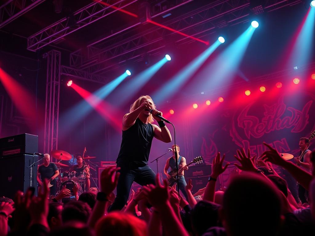 A dynamic, high-resolution image of a metal band performing on stage with vibrant lights and an energetic crowd. The focus is on the lead singer passionately engaging with the audience, with instruments and amplifiers in the background, encapsulating the excitement of live promotions.