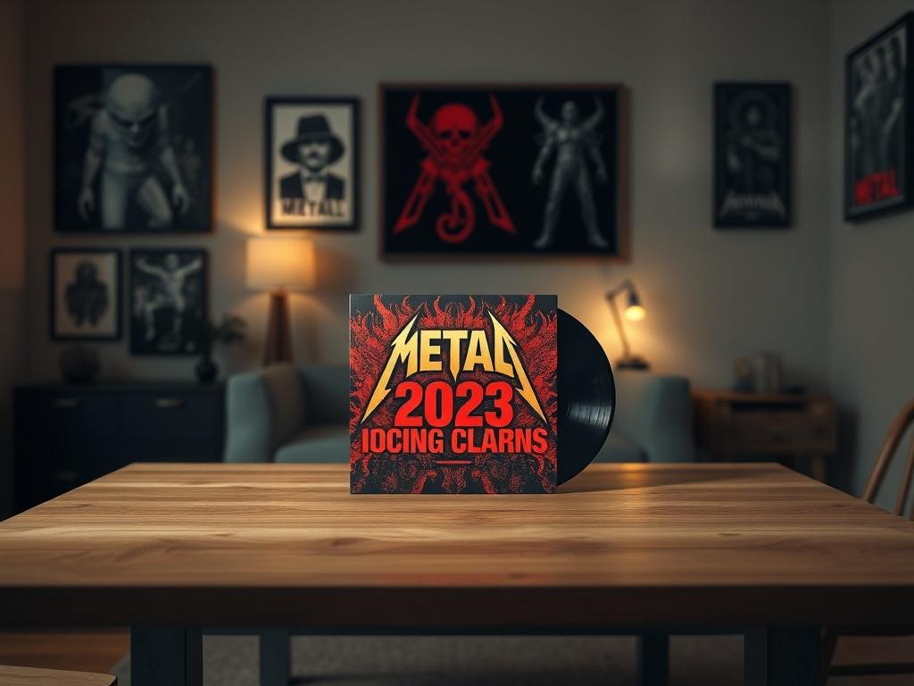 Create a realistic high-resolution photo showcasing a single, eye-catching vinyl record placed prominently on a clean, minimalist wooden table. The vinyl should display a striking album cover art representing the spirit of metal music from 2023, featuring bold typography and vibrant colors that resonate with fans of the genre. The background should be softly blurred, emphasizing the record while subtly hinting at a cozy, dimly lit room adorned with framed artwork of iconic metal bands on the walls. Unity of