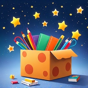 Mystery box filled with school supplies and magical stars