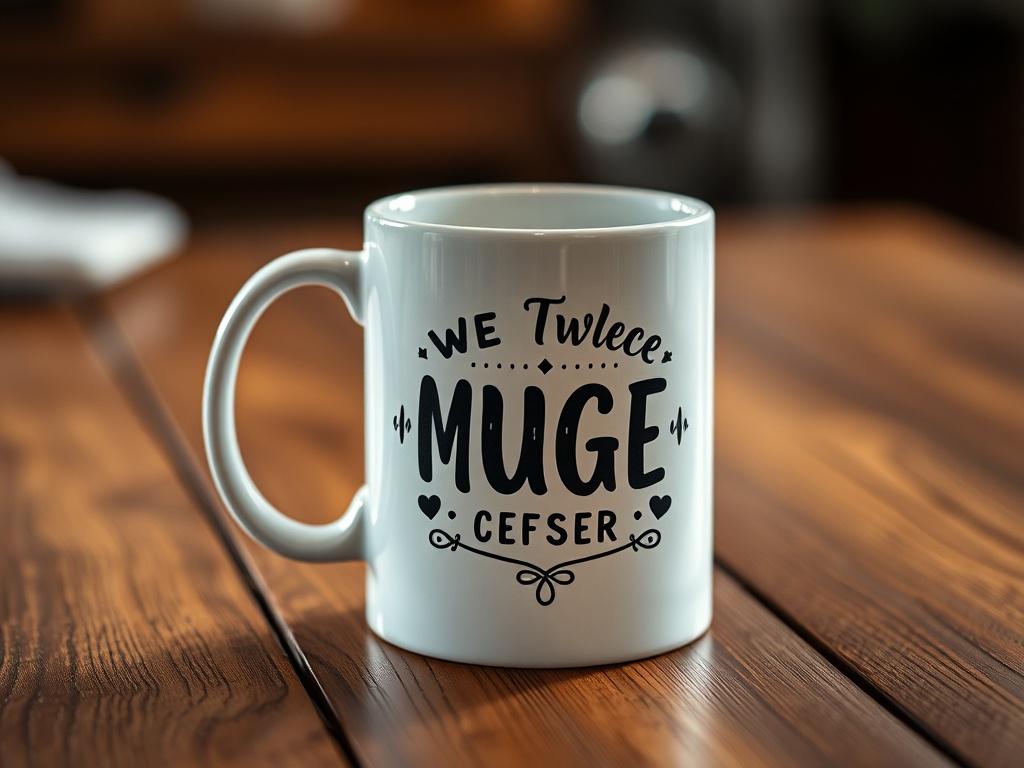 A realistic high-resolution photo of a personalized mug with a unique design, placed on a wooden table, background softly blurred to emphasize the mug's details, captured with a 45mm f/1.2 lens.