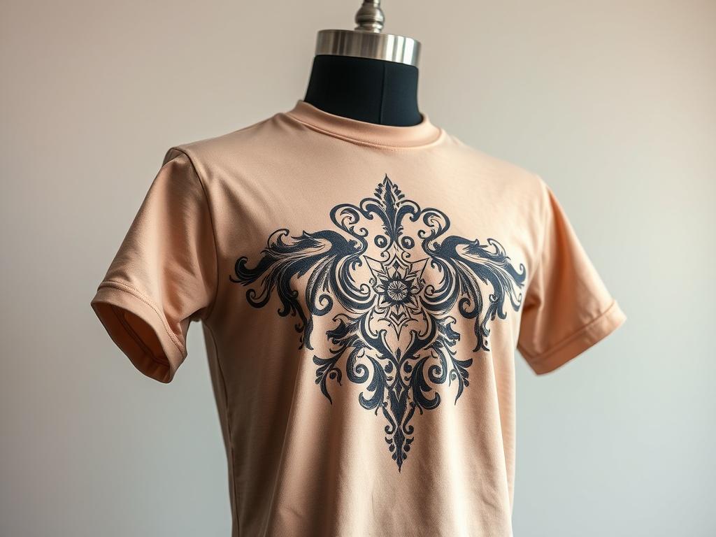 A realistic high-resolution photo of a personalized t-shirt displayed on a mannequin, showcasing an intricate design, with a neutral background that enhances the t-shirt's colors, captured with a 45mm f/1.2 lens.