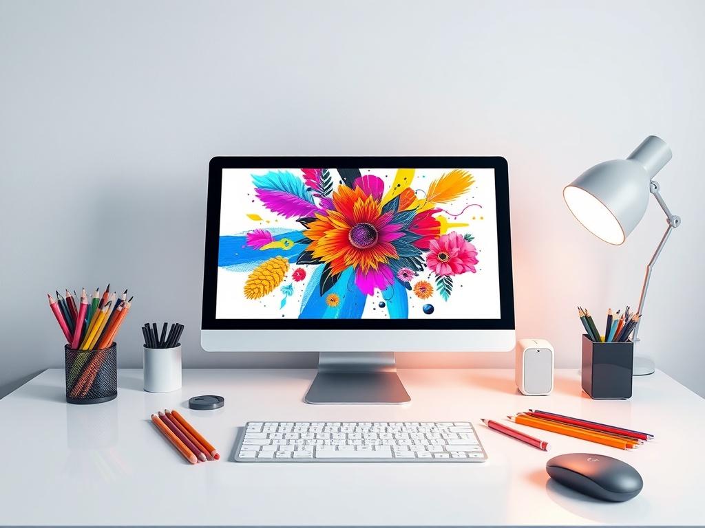 A high-resolution photo of a vibrant digital artwork on a clean white desk, showcasing colorful designs and tools like a graphic tablet and colorful pens. The background is minimalistic with soft lighting, emphasizing the creativity and artistic elements, creating a life-like atmosphere.