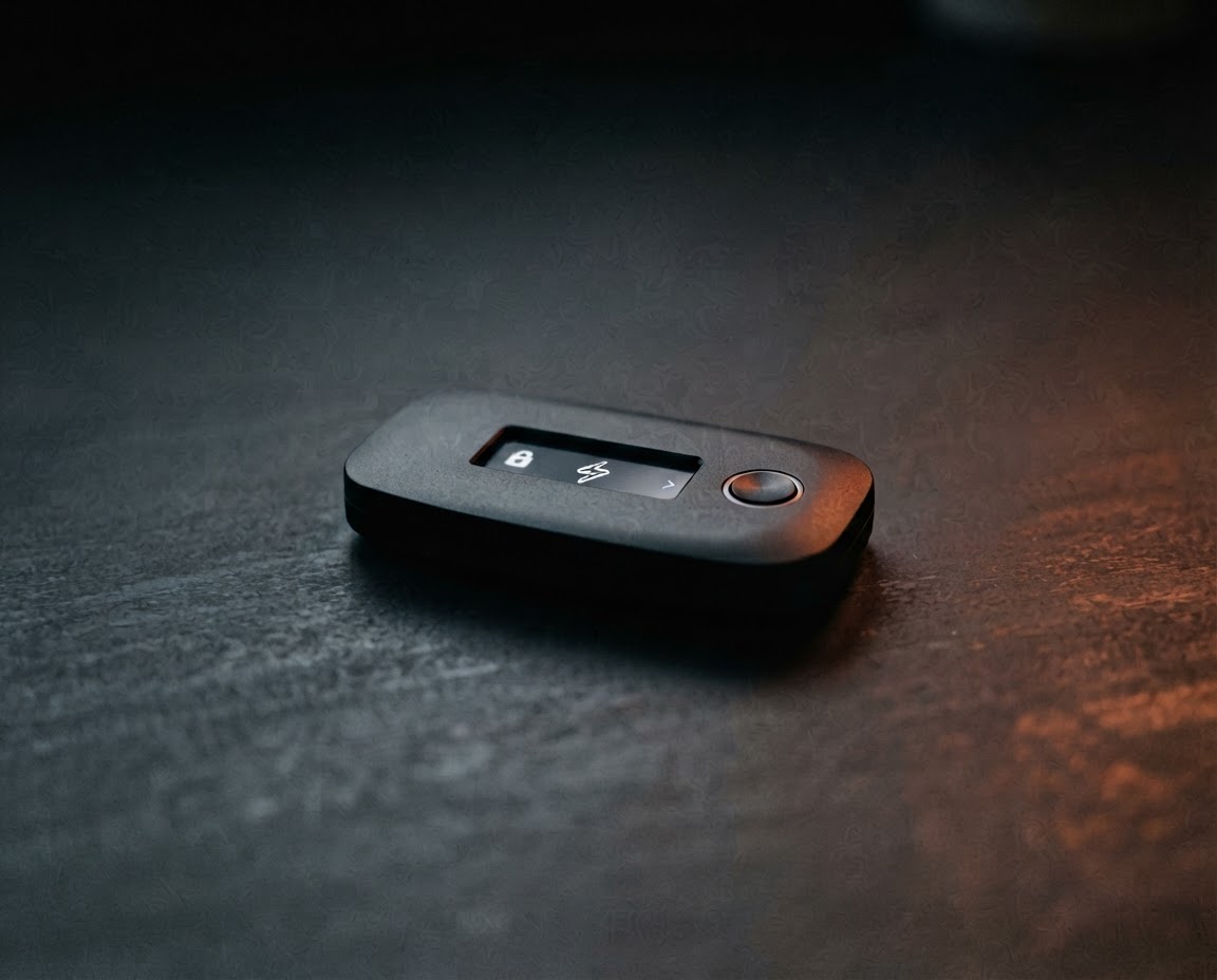 A hardware wallet resting on a dark desk, lit with a warm amber glow