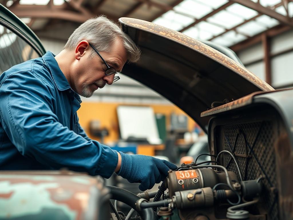 A skilled mechanic working on a vintage truck in a