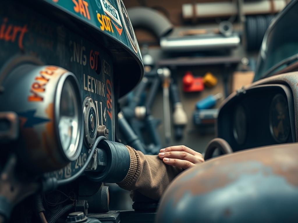 A mechanic working on a vintage truck, showcasing its classic